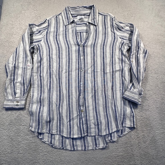 Sigrid Olsen Linen Blend‎ Striped Button Down Roll Tab Sleeve Shirt Top Large - Picture 1 of 8